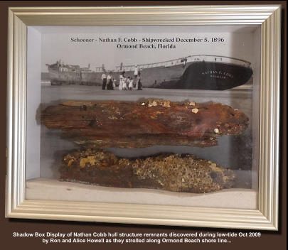 Shadow Box Display of Nathan Cobb hull structure remnants discovered during low-tide Oct 2009 by Ron and Alice Howell as they strolled along Ormond Beach shore line...
