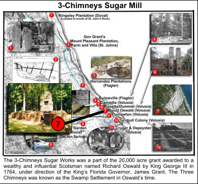 7 3-Chimneys Sugar Mill  The 3-Chimneys Sugar Works was a part of the 20,000 acre grant awarded to a wealthy and influential Scotsman named Richard Oswald by King George III in 1764, under direction of the King’s Florida Governor, James Grant. The Three Chimneys was known as the Swamp Settlement in Oswald’s time.