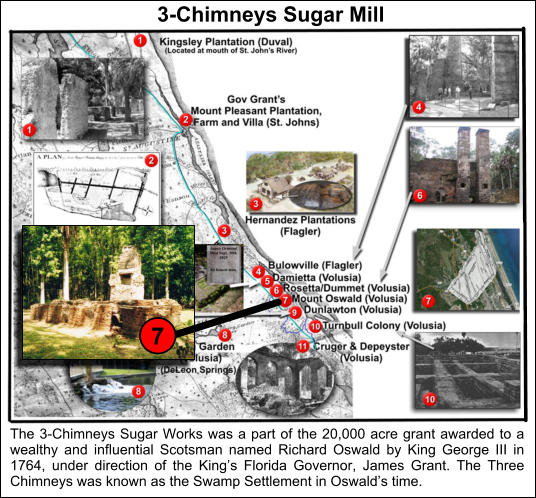 7 3-Chimneys Sugar Mill  The 3-Chimneys Sugar Works was a part of the 20,000 acre grant awarded to a wealthy and influential Scotsman named Richard Oswald by King George III in 1764, under direction of the King’s Florida Governor, James Grant. The Three Chimneys was known as the Swamp Settlement in Oswald’s time.